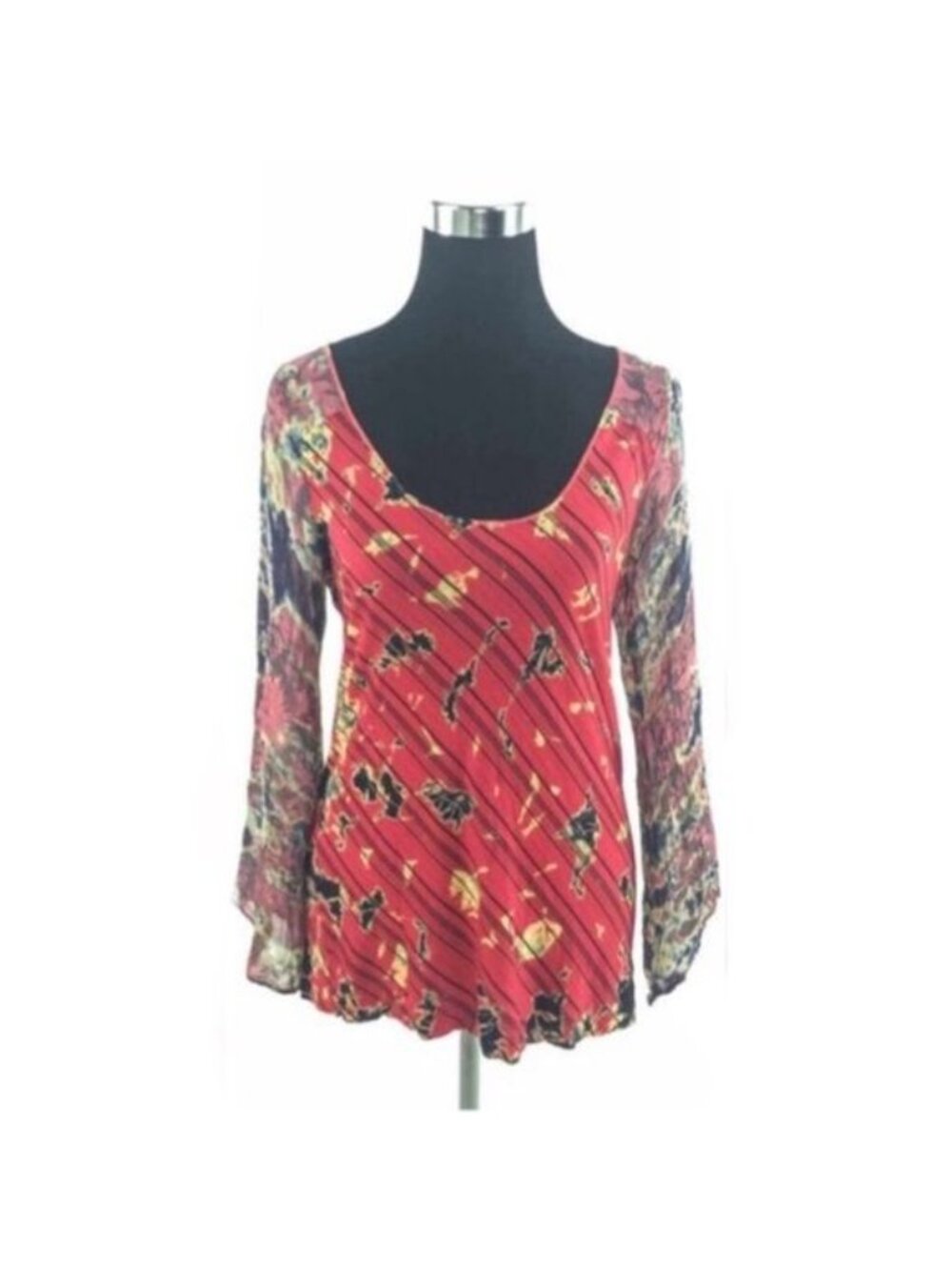 Vintage Language Silk Scoop Neck Long Sleeve Top M | 90s Boho Grunge Y2K Indie - Picture 2 of 8